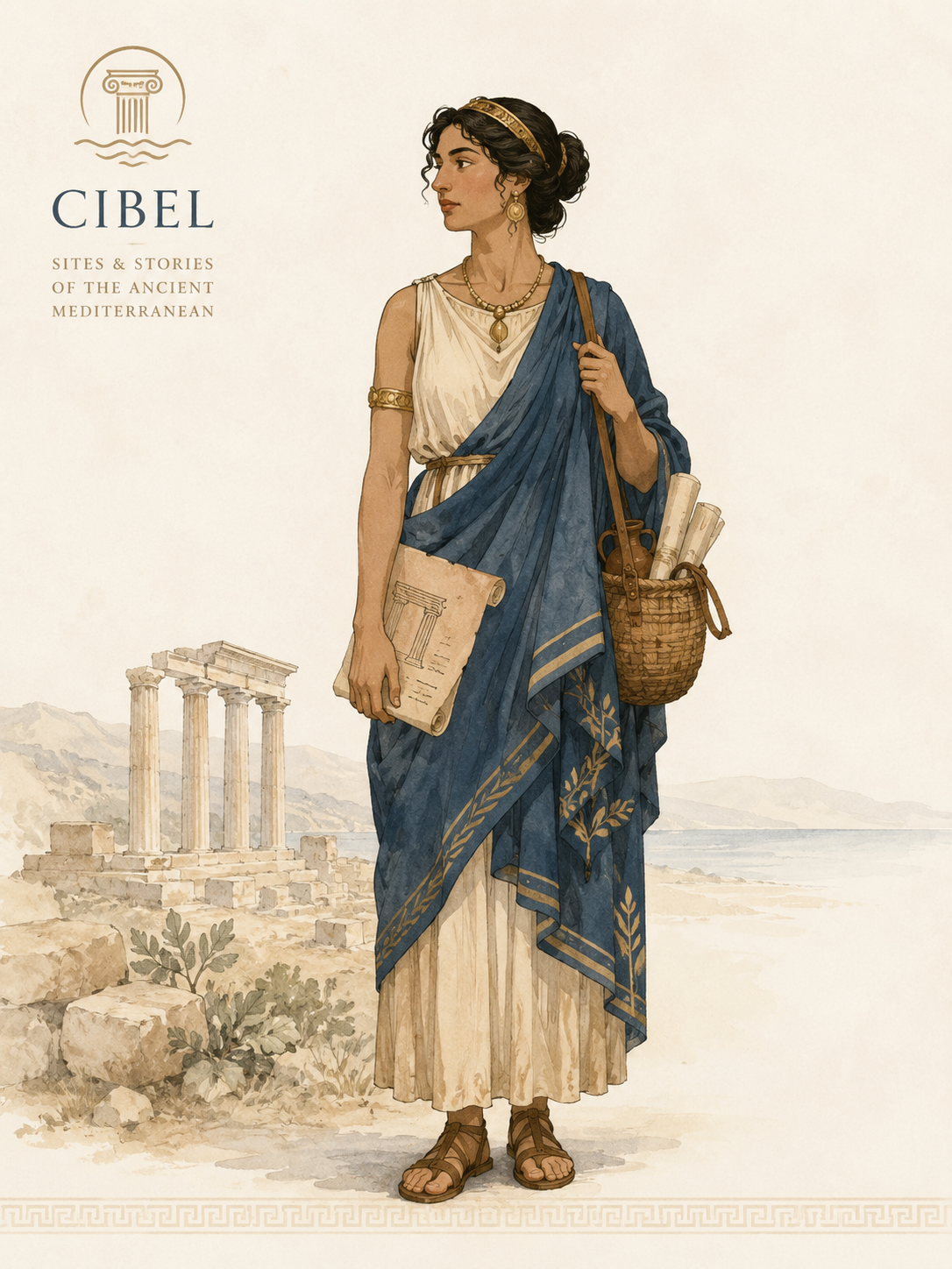 Ritratto di Cibel — figura femminile mediterranea con tunica bianca e mantello blu, tra rovine antiche e mare
